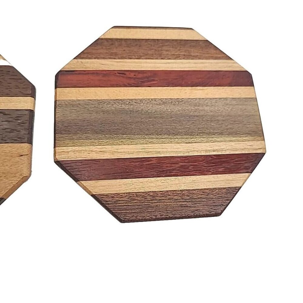 Set Of 8 Wooden Drink Coasters  W/Holder Handmade USA Walnut‎ Acacia Cherry Wood